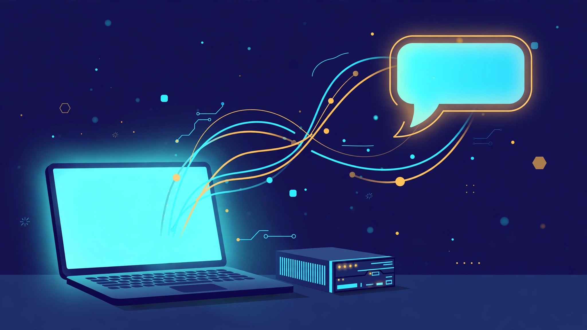 Illustration of a laptop beside a small server box, with glowing lines flowing from the laptop to a chat bubble