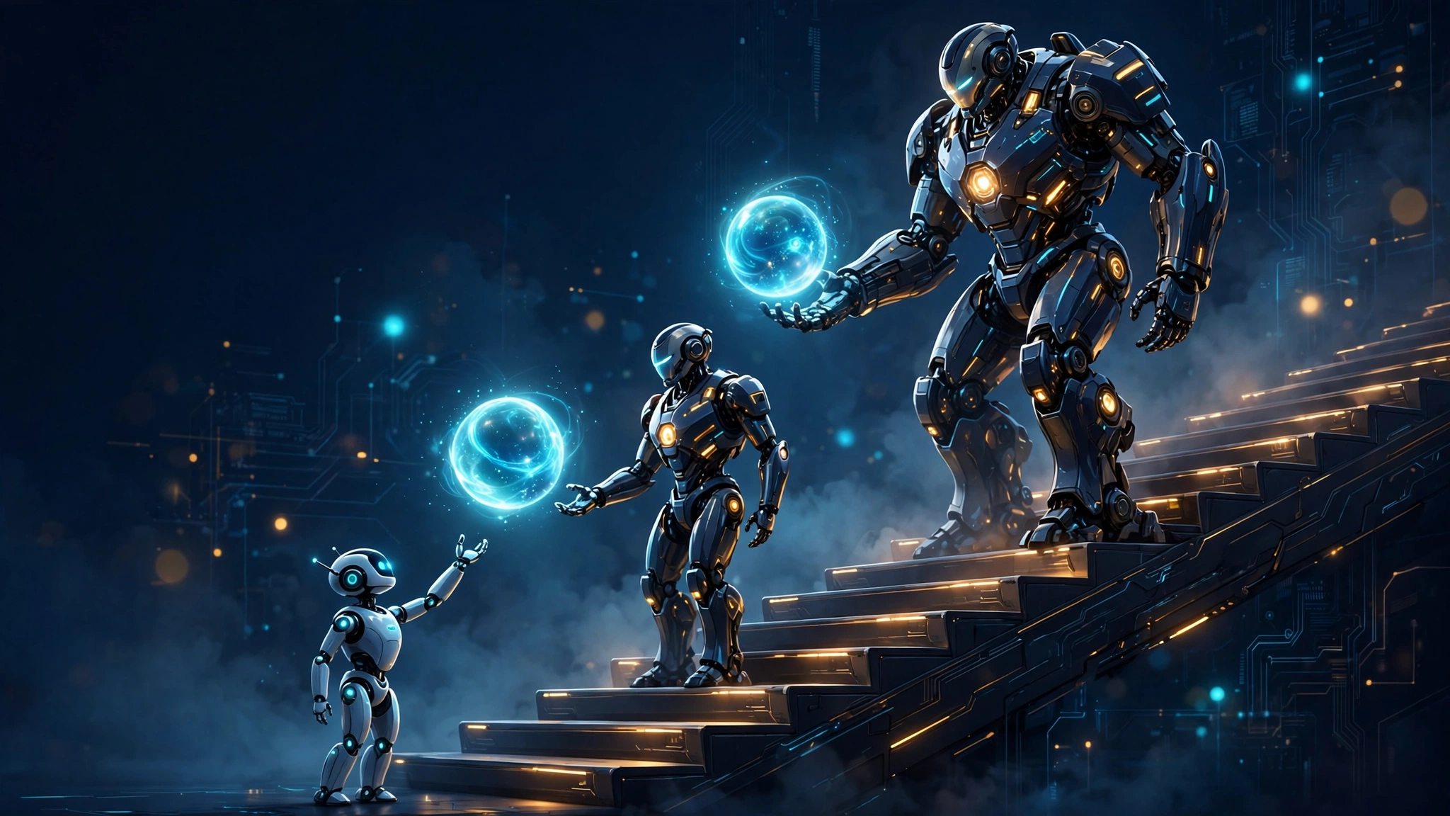 Editorial illustration of small, medium, and large robots on a staircase passing glowing question orbs upward, representing LLM cascade routing