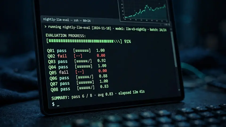 A terminal running a nightly LLM evaluation with per-question scores