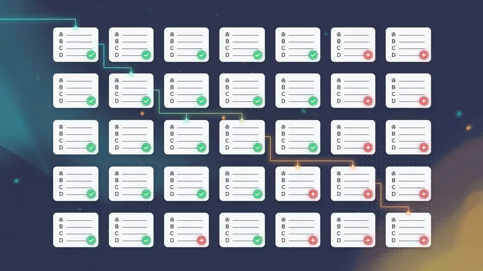 A 30-day calendar where each day's quiz card is graded, forming a declining trend line
