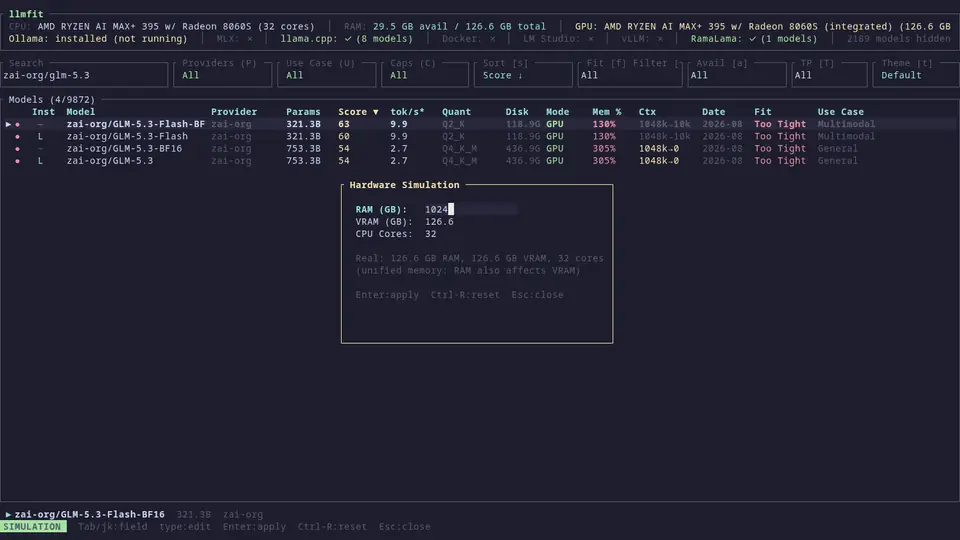 The llmfit TUI with the hardware simulation dialog open: detected specs at the top, models scored by fit below