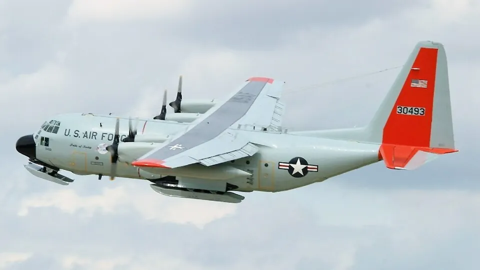 An LC-130H Hercules transport aircraft in flight