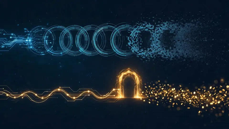 Illustration of two agent workflow paths: one running wastefully into static, one stopped early at a glowing checkpoint with the remainder dissolving into saved light