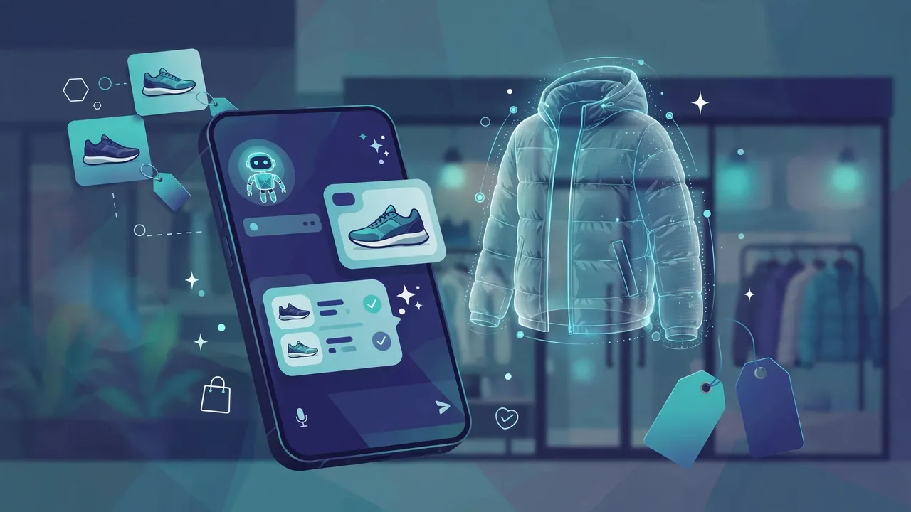 A smartphone AI shopping assistant helping a shopper choose sneakers, with a holographic virtual try-on preview of a jacket