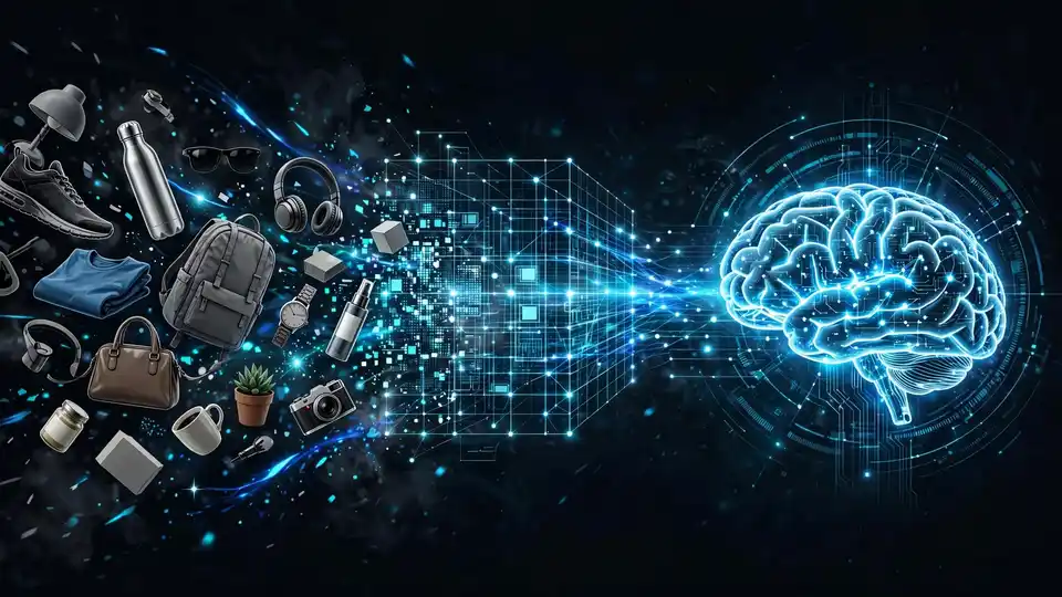 Retail product images flowing into a structured data grid that feeds a glowing AI brain, illustrating catalog enrichment