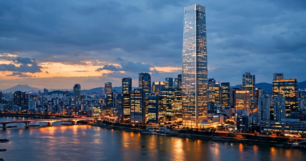 Seoul skyline at dusk with a tall modern skyscraper