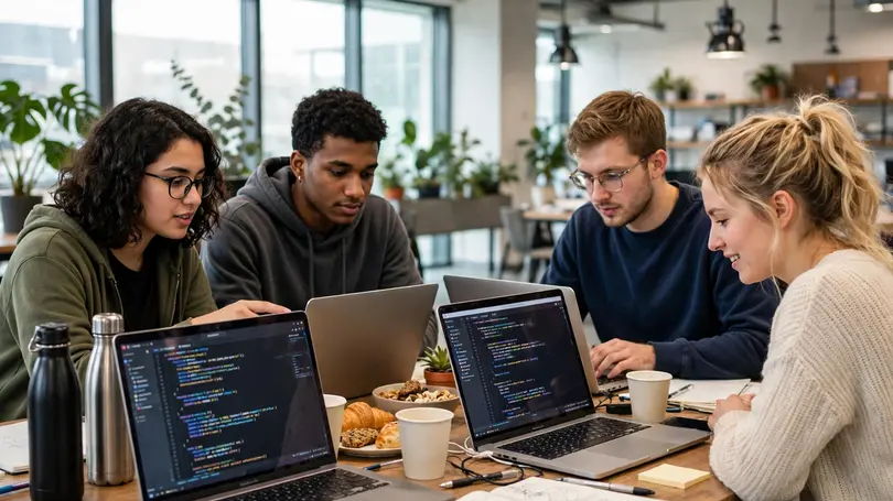 Developers collaborating around laptops at a hackathon table
