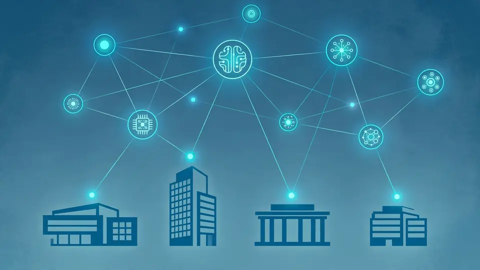 Abstract illustration of AI agent nodes connecting corporate buildings