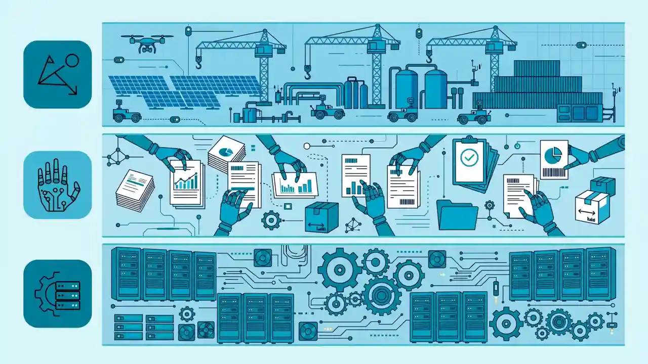 Illustration of the three AI layers: enterprise operations, business agents and industrial field workflows