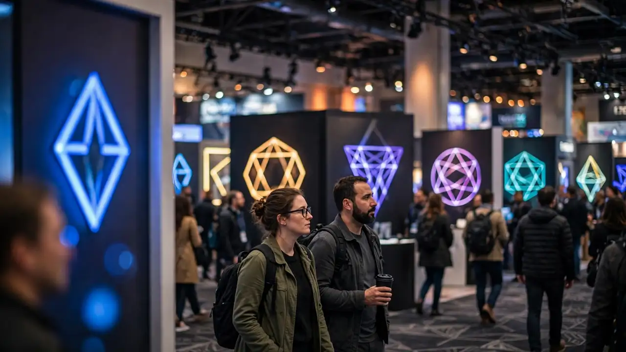 Illustration of an AI World-style technology conference expo floor in Las Vegas