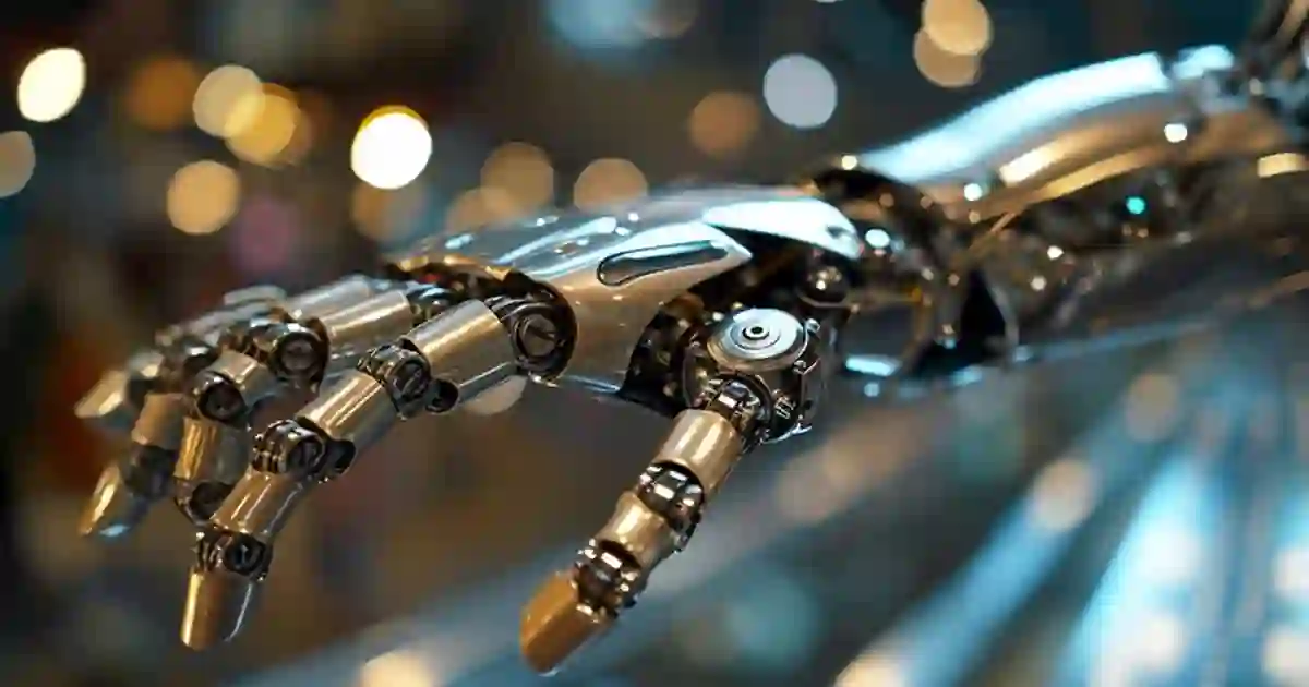 Close-up of a dexterous robotic hand with articulated metal fingers