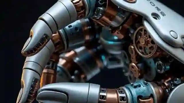 Detailed close-up of an articulated cybernetic robot hand