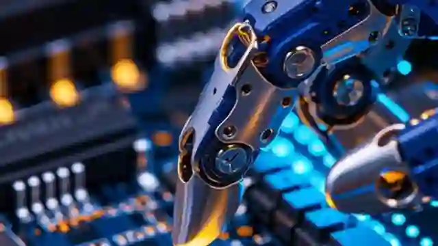 A robotic gripper working precisely over an electronics circuit board