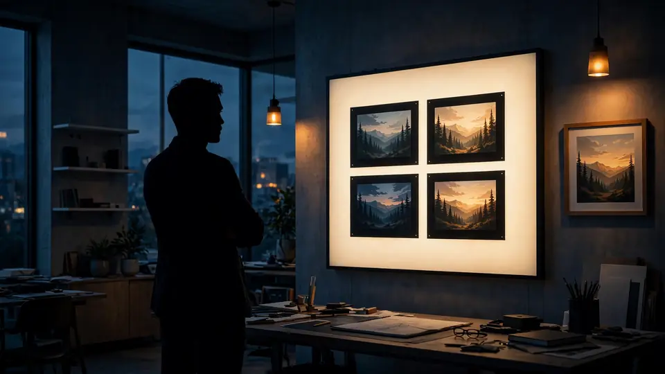 Editorial illustration of an art director reviewing a contact sheet of image variations beside a finished artwork in a design studio.