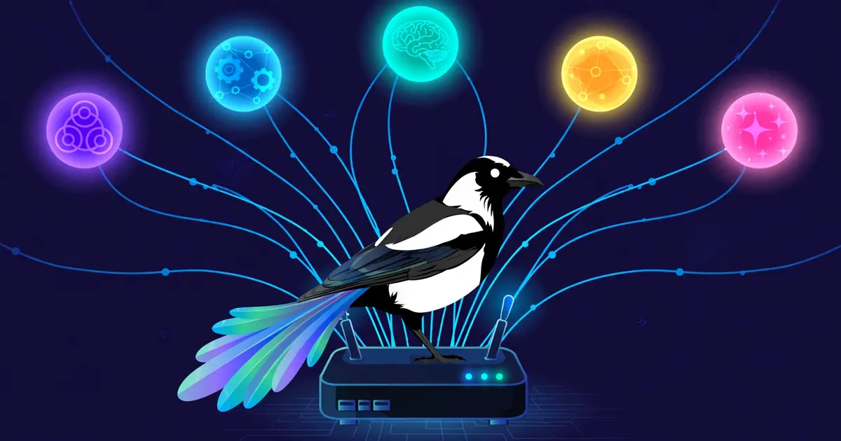 A stylized magpie perched above a glowing network of AI model nodes