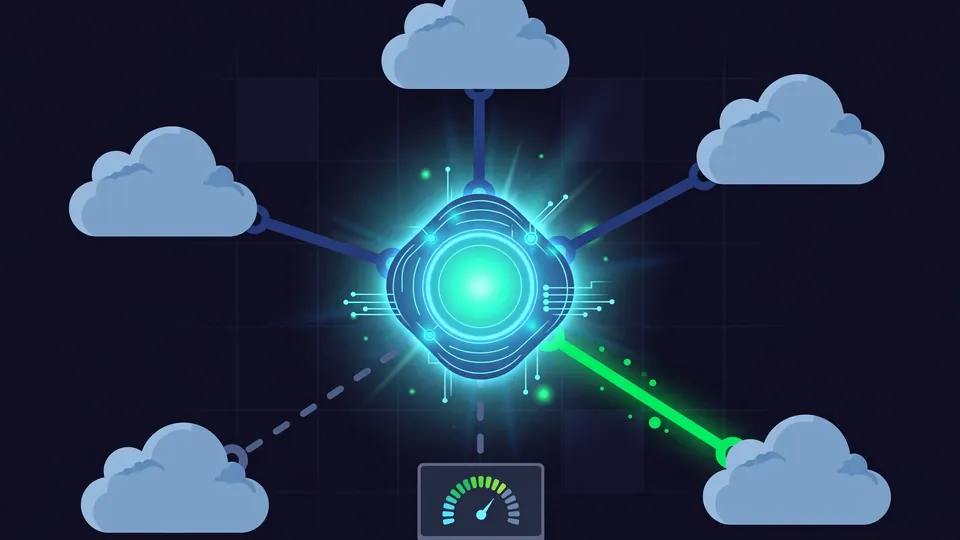 A central gateway hub with failover paths to provider nodes and a usage meter