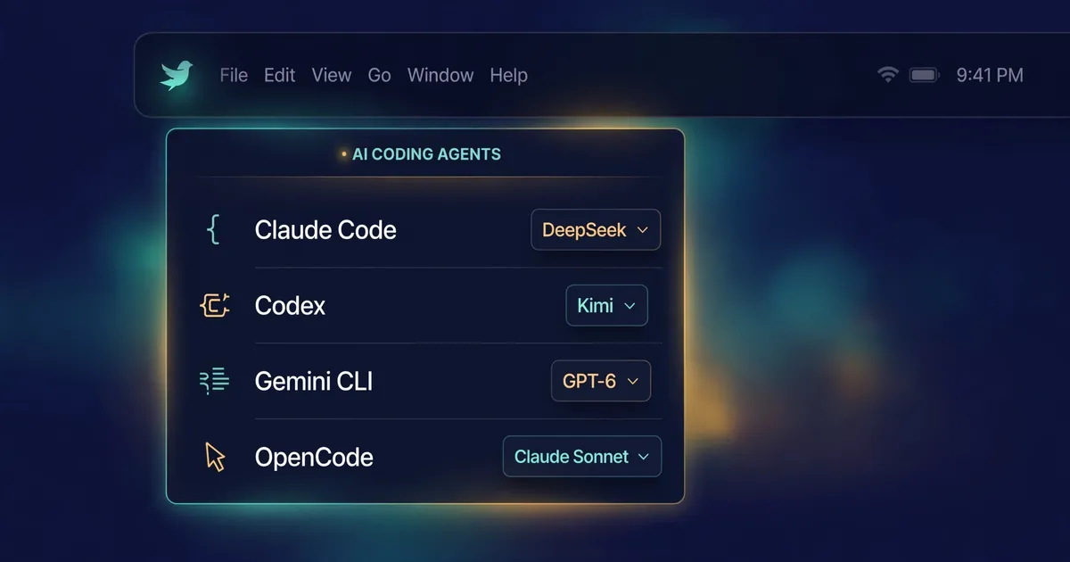 Editorial illustration: a dark macOS-style menu bar with a dropdown panel listing AI coding agents (Claude Code, Codex, Gemini CLI, OpenCode), each row with its own model picker