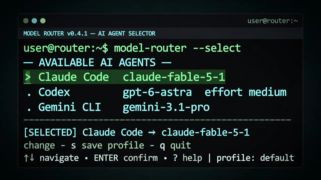 AI-generated illustration of magpie's terminal UI: a dark terminal listing AI coding agents with their current models and a selection cursor