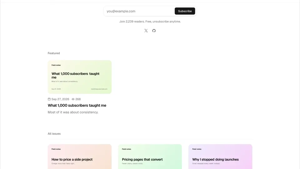 A newsletter website built by MailCheap with signup form and issue archive
