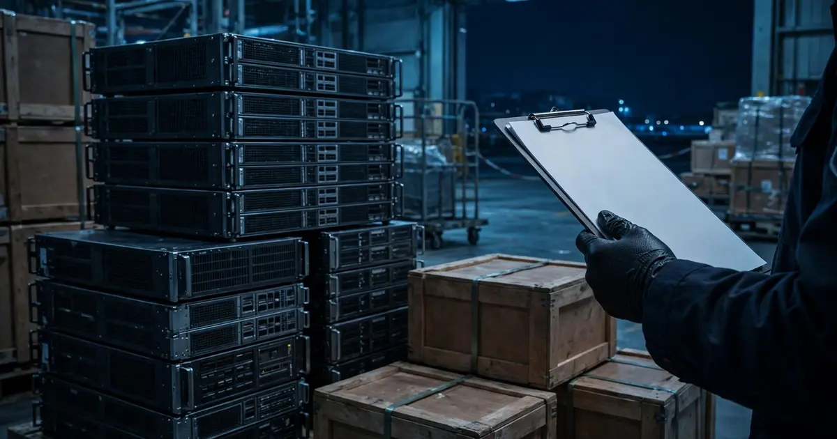 Sealed server crates under inspection at an airport cargo facility