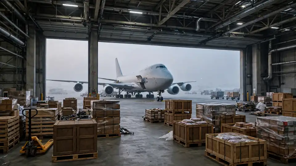 Cargo hall at an airport free trade zone with pallets and crates
