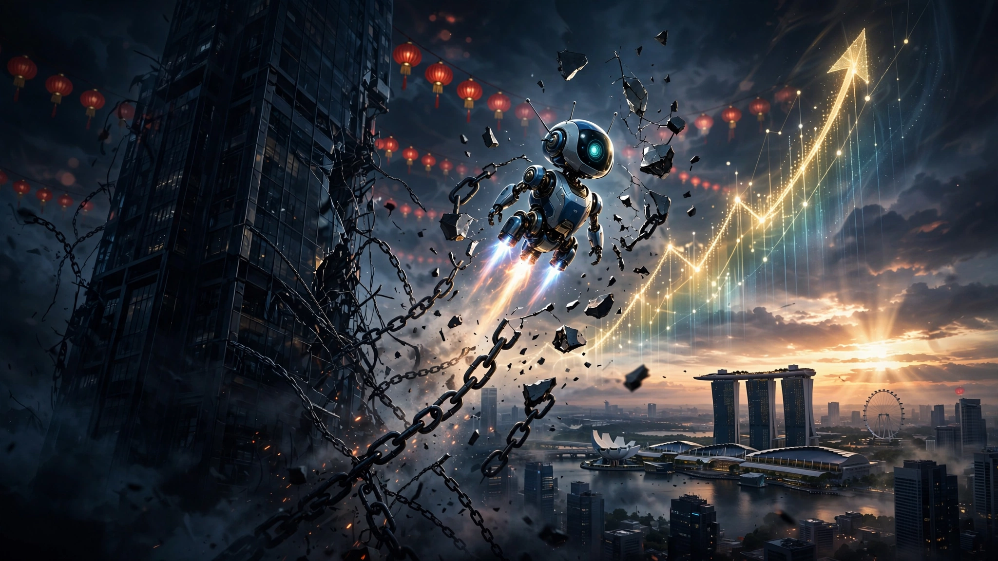 An AI robot agent breaking free of chains from a corporate tower, with the Singapore skyline and a rising growth chart behind it
