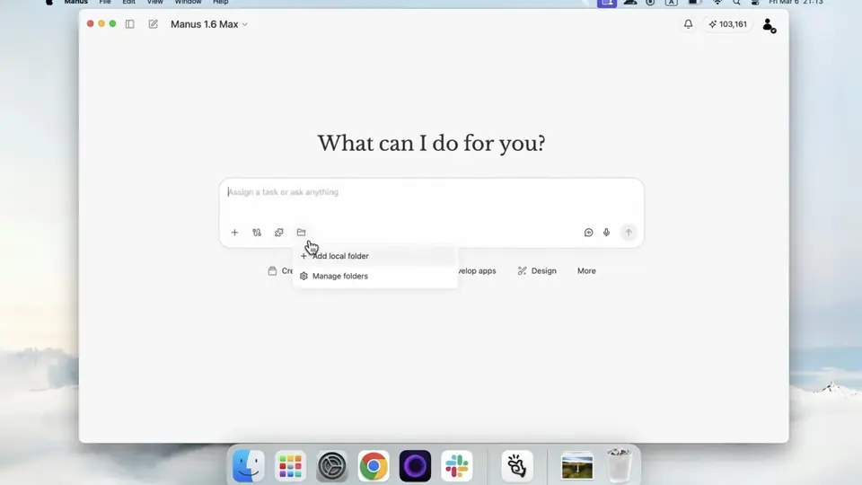 The Manus desktop app asking 'What can I do for you?' with a task input box.