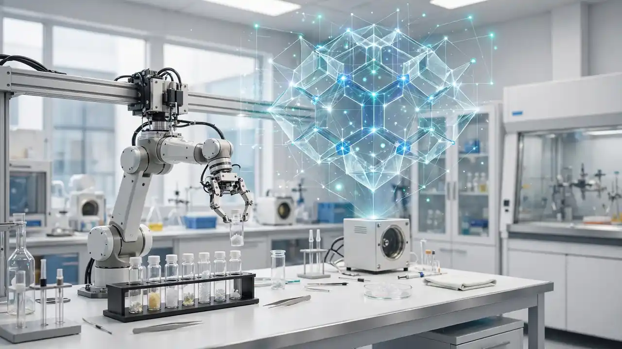 Automated laboratory with a robotic arm handling samples beneath a digital crystal-lattice overlay