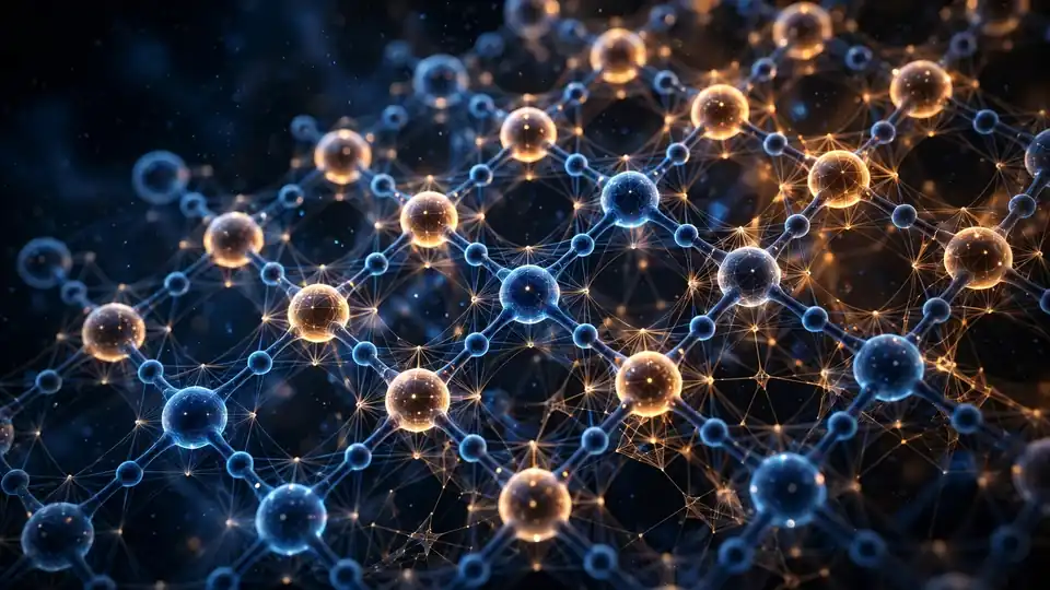 Glowing inorganic crystal lattice with a neural-network mesh connecting the atoms