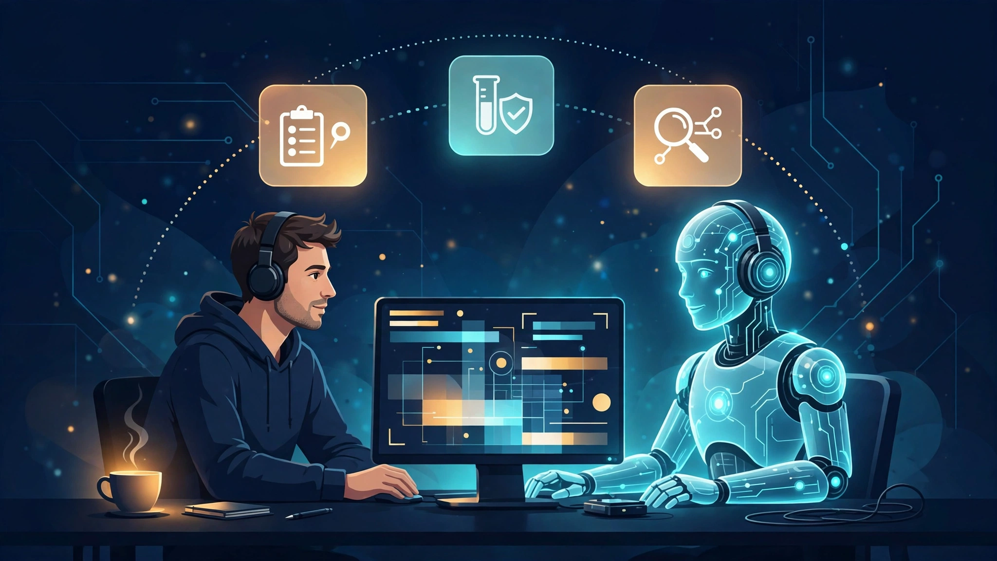 A human developer pair-programming with a glowing AI robot, skill cards for planning, testing, and code review floating above