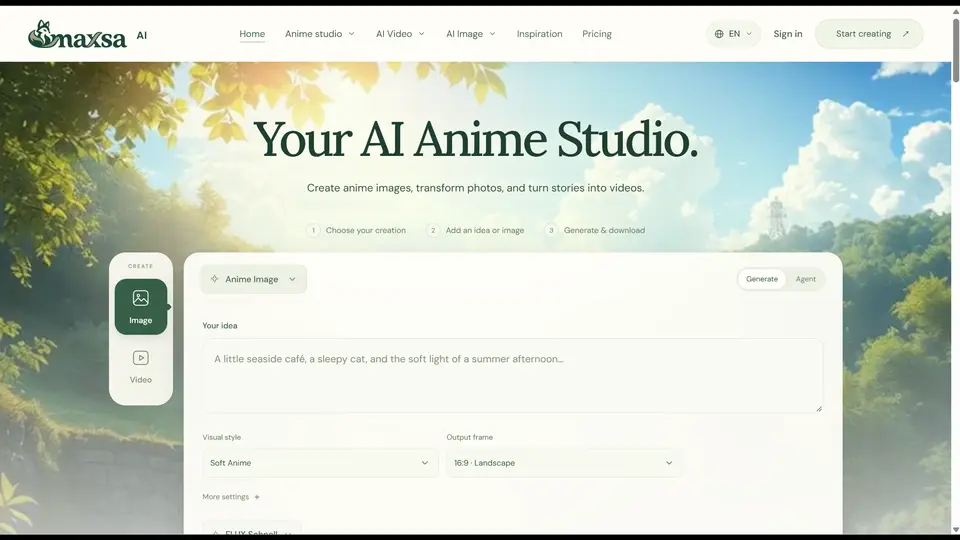 Maxsa AI studio screenshot showing a story-to-animation example, The moonlight noodle shop