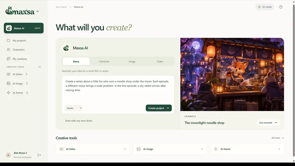 Maxsa AI platform interface for anime and cartoon creation
