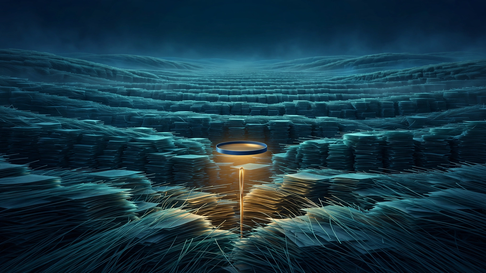 A glowing golden needle standing out in a vast dark field of document stacks, illustrating the needle-in-a-haystack test for language model context windows