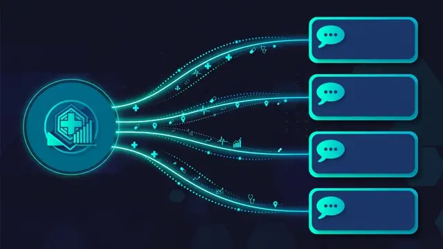 Illustration of a medical data hub connecting to AI assistant chat panels.