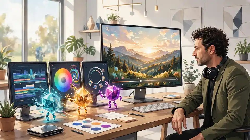 A creative production pipeline where a human art director reviews a finished brand video on a screen while small glowing AI agent assistants handle rendering timelines, color grading, and asset exports on adjacent monitors.
