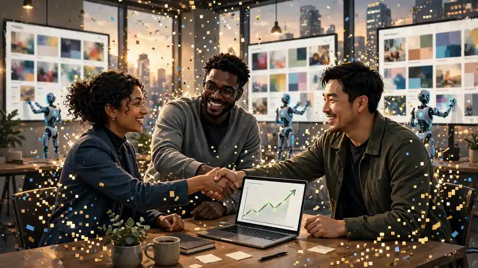 Startup founders in a sleek New York office around a table with a laptop showing a growth chart, with glowing AI agent helpers arranging creative portfolios on screens behind them.