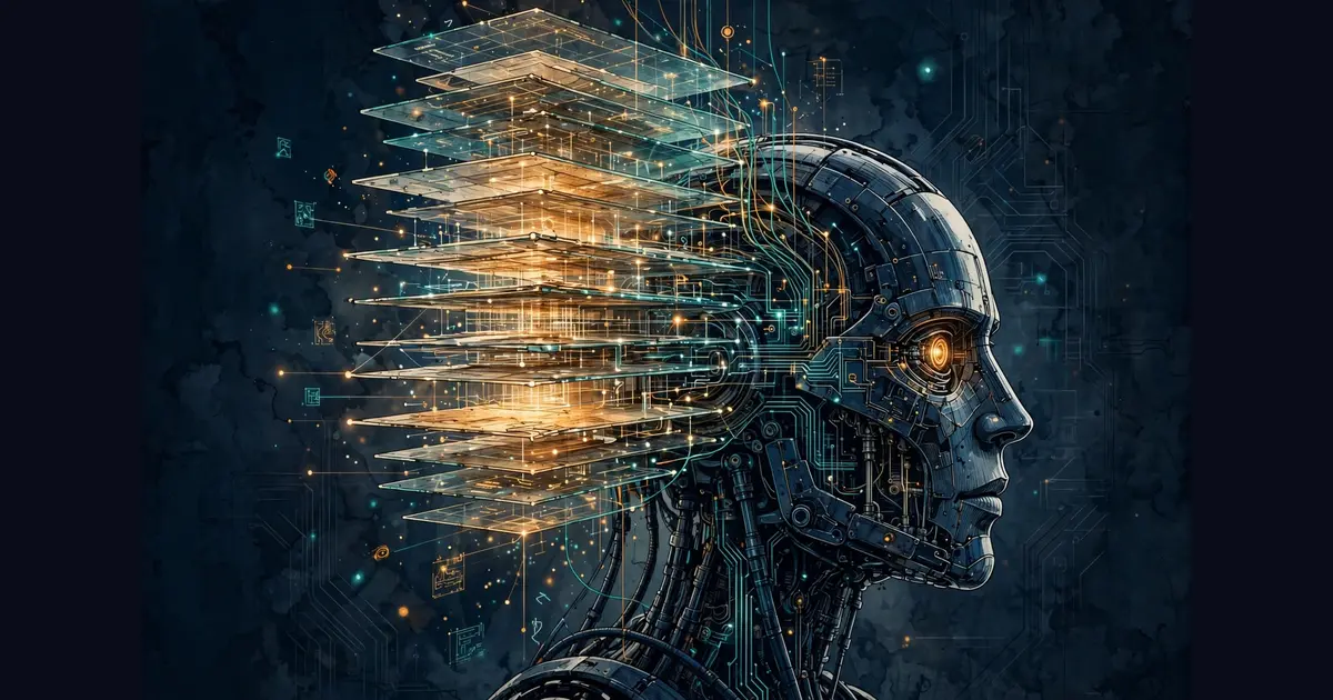 Illustration of an AI robot head with a glowing layered memory core rising from its mind