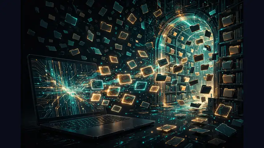 Illustration of a laptop storing glowing memory cards into a luminous archive vault