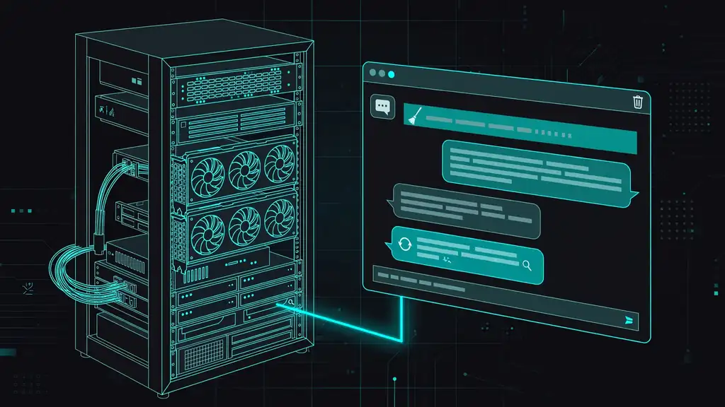 A server with two GPUs and a terminal showing a chat session recalling an earlier fact after the transcript was cleared