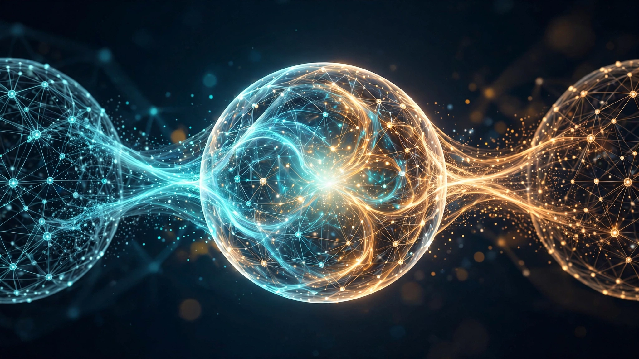 Two glowing neural-network spheres, one cyan and one amber, fusing into a single sphere