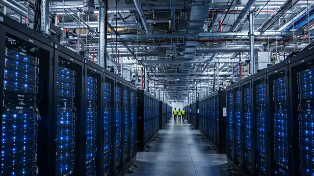 Illustration of a vast AI data center interior