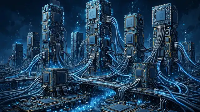 Illustration of AI chips and network infrastructure forming a skyline
