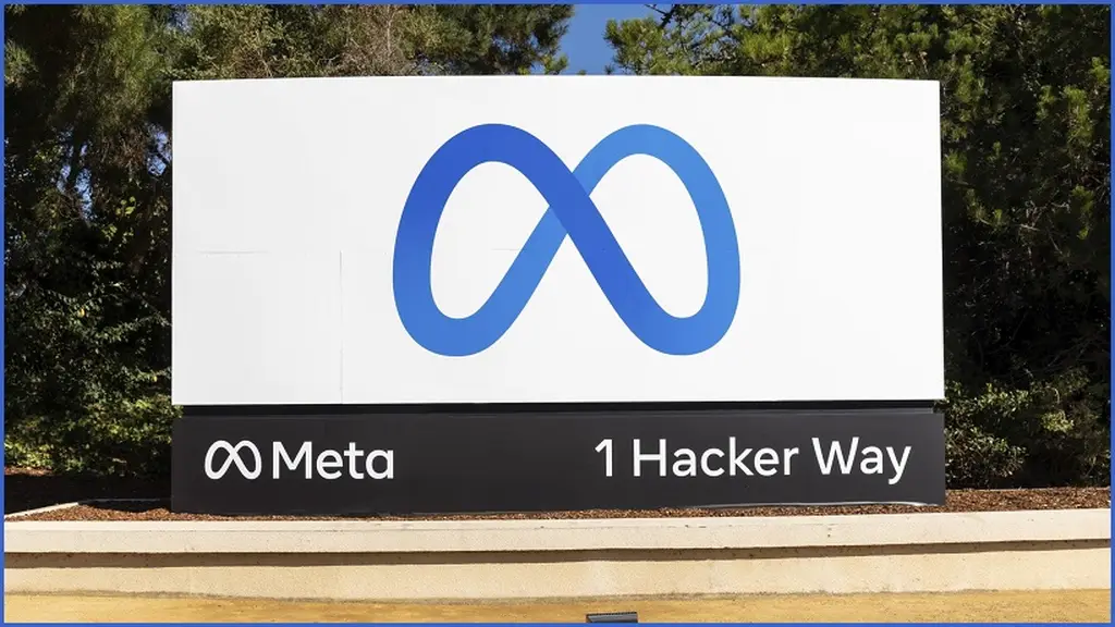 The Meta sign at 1 Hacker Way in Menlo Park, California