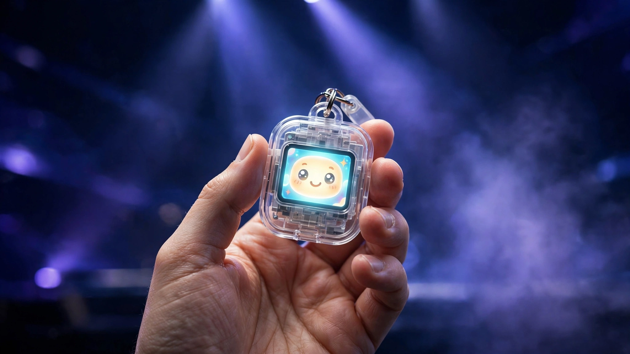 Illustration of a palm-sized translucent keychain AI device with a cartoon avatar on its screen, held in a hand under keynote stage lights
