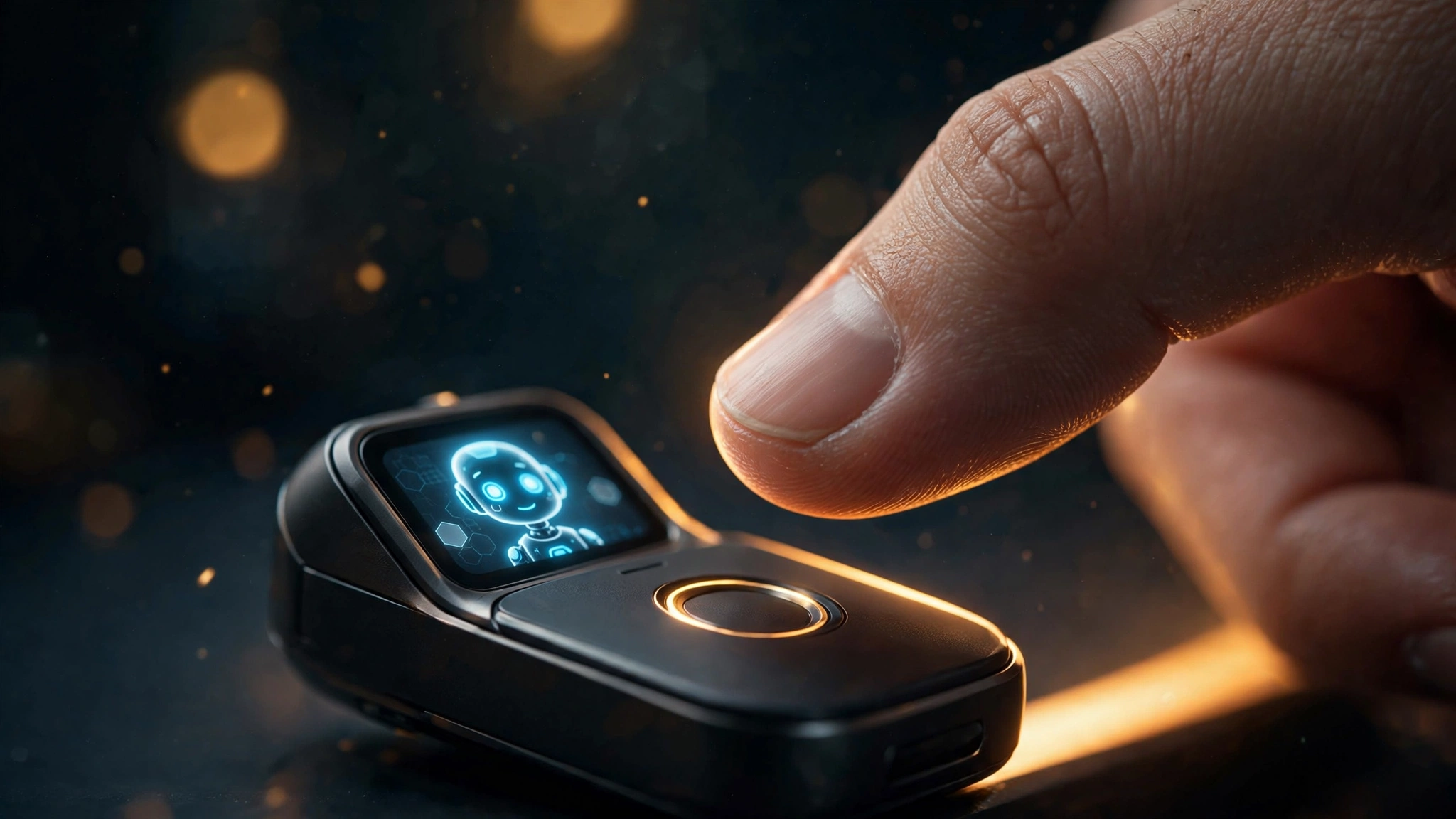 Illustration of a thumb about to press a fingerprint sensor on a tiny pocket AI gadget