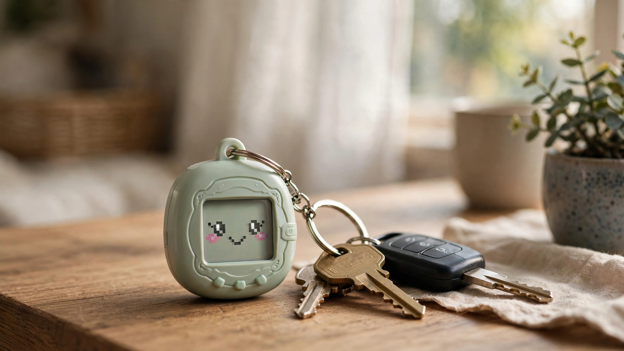 Illustration of a Tamagotchi-style keychain AI device with a cute face on its screen, clipped to house and car keys on a wooden desk