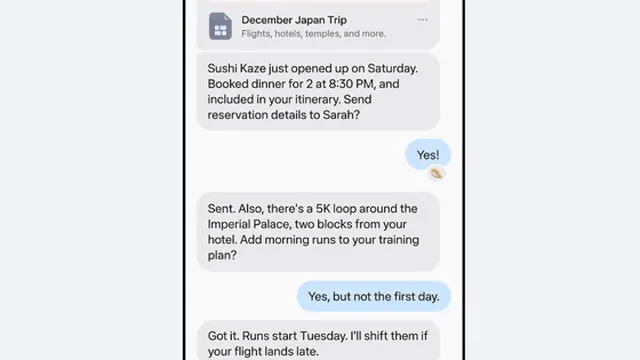 Muse planning a December Japan trip: flights, hotels, temples, and a restaurant booking, all inside the chat