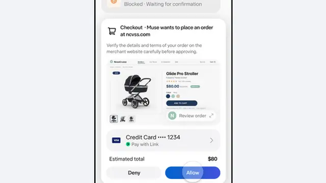 Muse asks for approval before placing an order: a checkout confirmation screen with Allow and Deny buttons