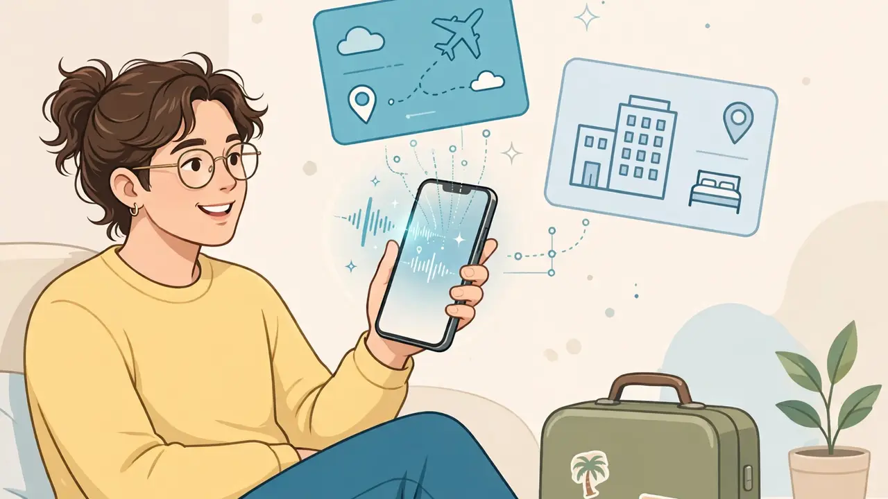 A traveler planning a trip on a phone with hotel and flight options