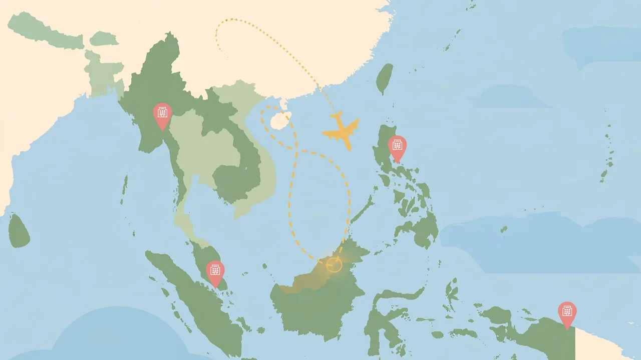 A map with a highlighted route to Singapore and travel markers